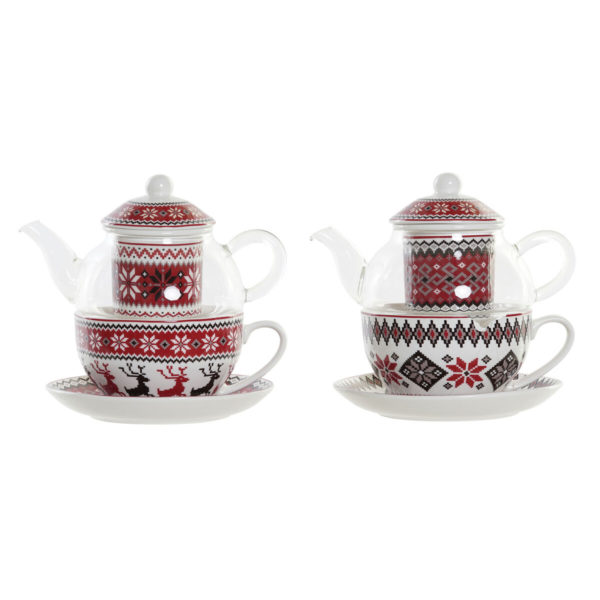Čajová kanvica DKD Home Decor Vianoce Sklo Porcelán Červená Biela (250 ml) (2 kusov)