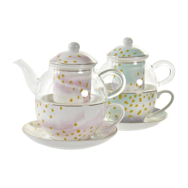 Čajová kanvica DKD Home Decor Sklo Porcelán Ružová Mätová (250 ml) (2 kusov)