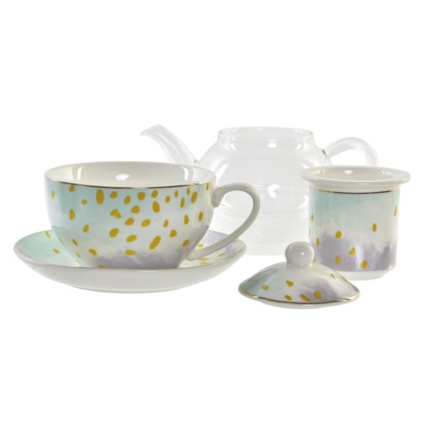 Čajová kanvica DKD Home Decor Sklo Porcelán Ružová Mätová (250 ml) (2 kusov)