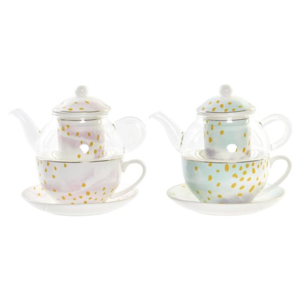 Čajová kanvica DKD Home Decor Sklo Porcelán Ružová Mätová (250 ml) (2 kusov)